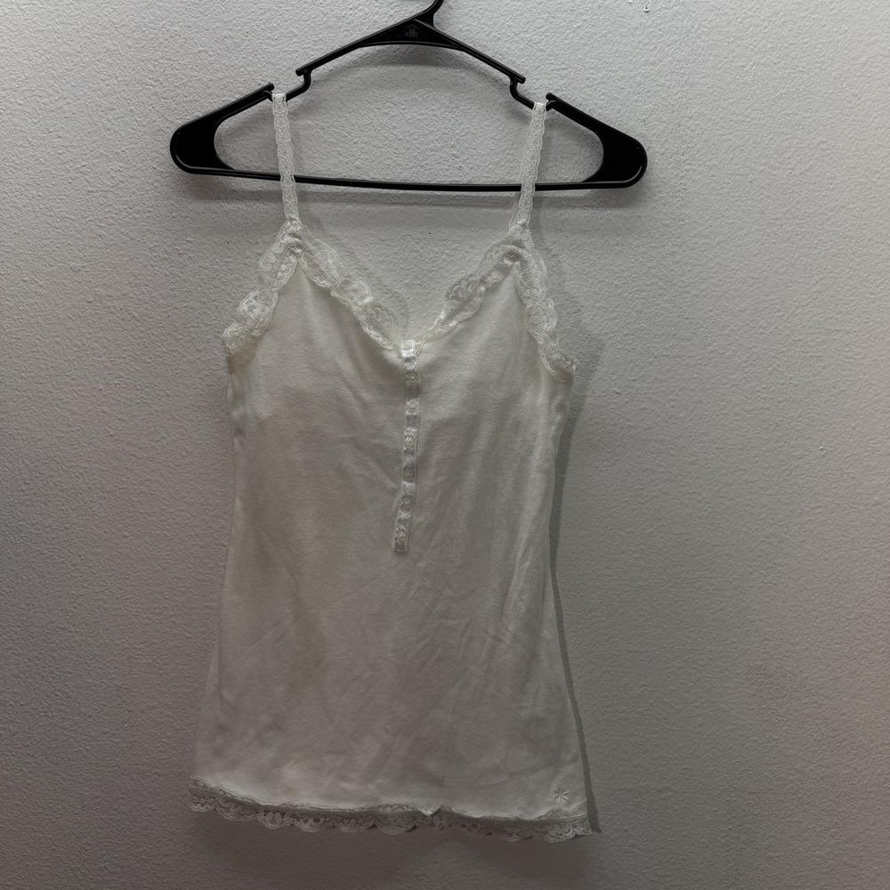 Y2K Elena Gilbert Style Tank Top White Lace Trim Fairy‎ Babydoll Ribbed SZ L